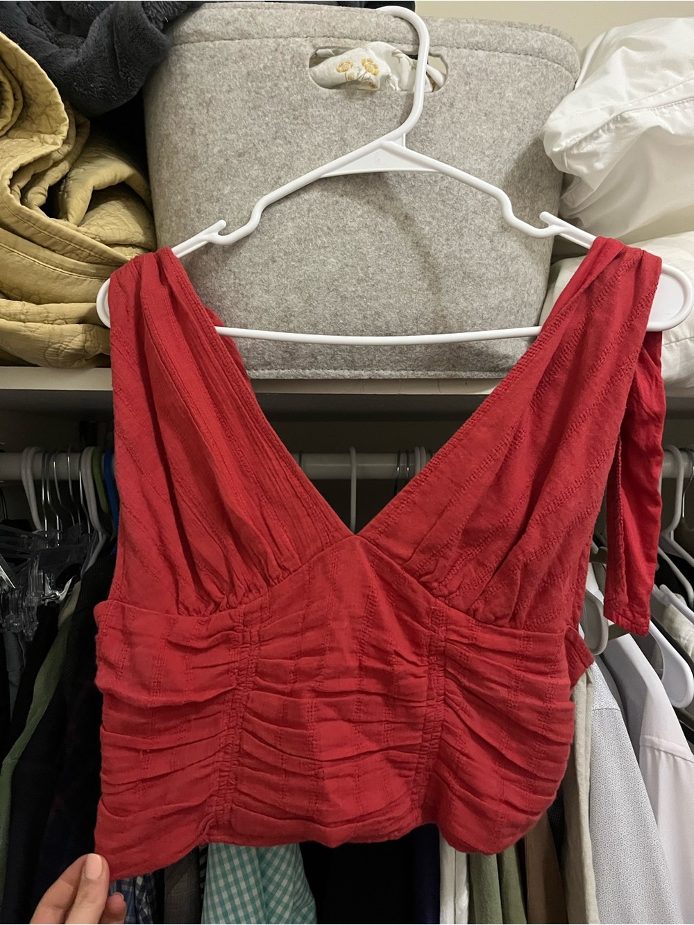 Free People Red Ruched V-Neck Cropped Tank